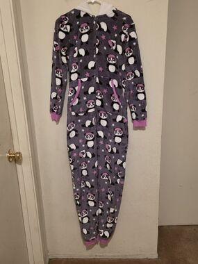Holiday Time Panda Fleece Hooded Zip One Piece Pajama Gray White Pink XS (0-2)